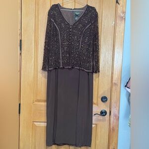 Terani Couture Brown Beaded Long Sleeve Dress Size 18. Pit 23” Length 53”